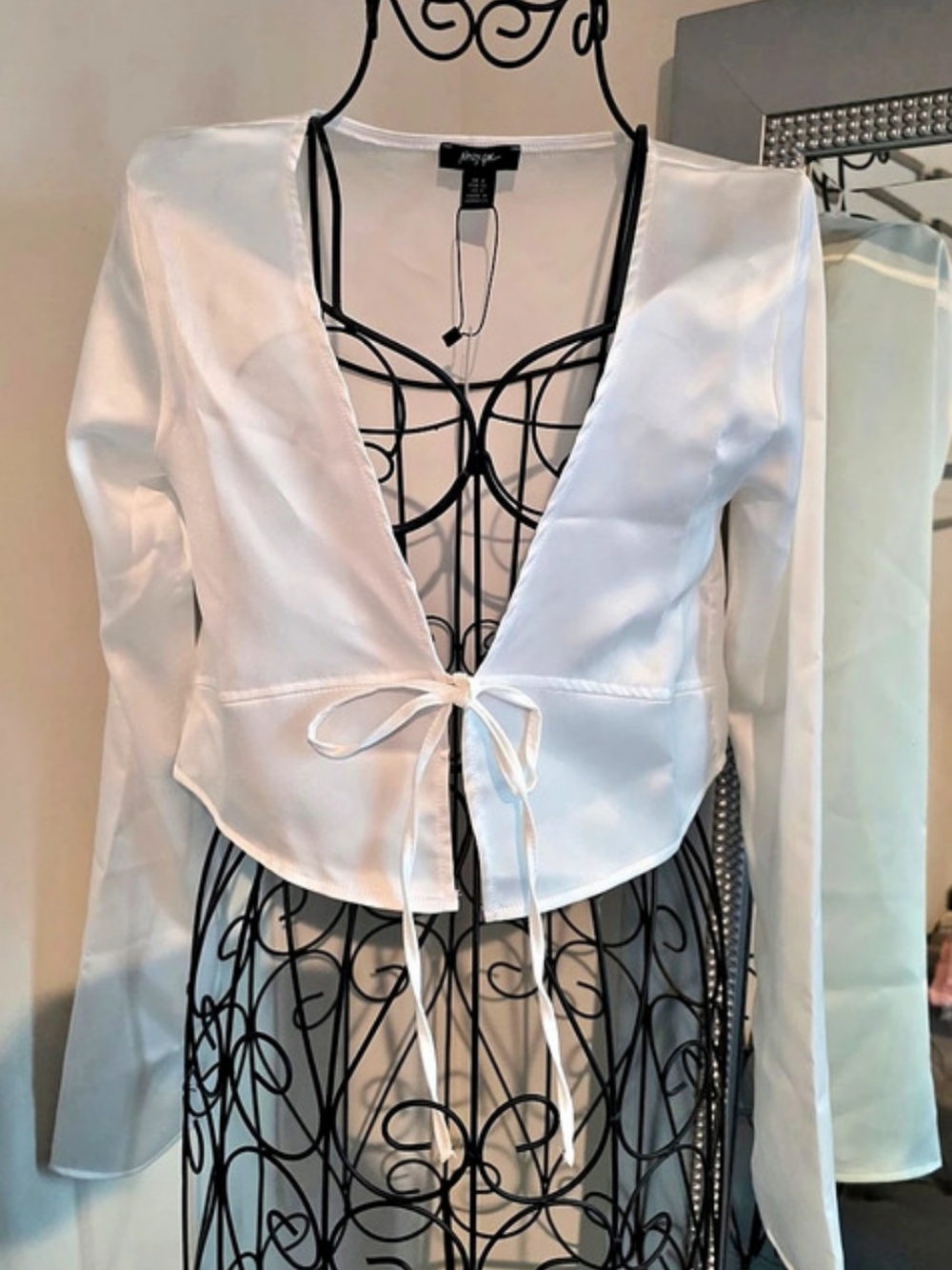 Nasty Gal Brianna Satin Tie Front Long Sleeve Top Satin Tie Front Top White Size
